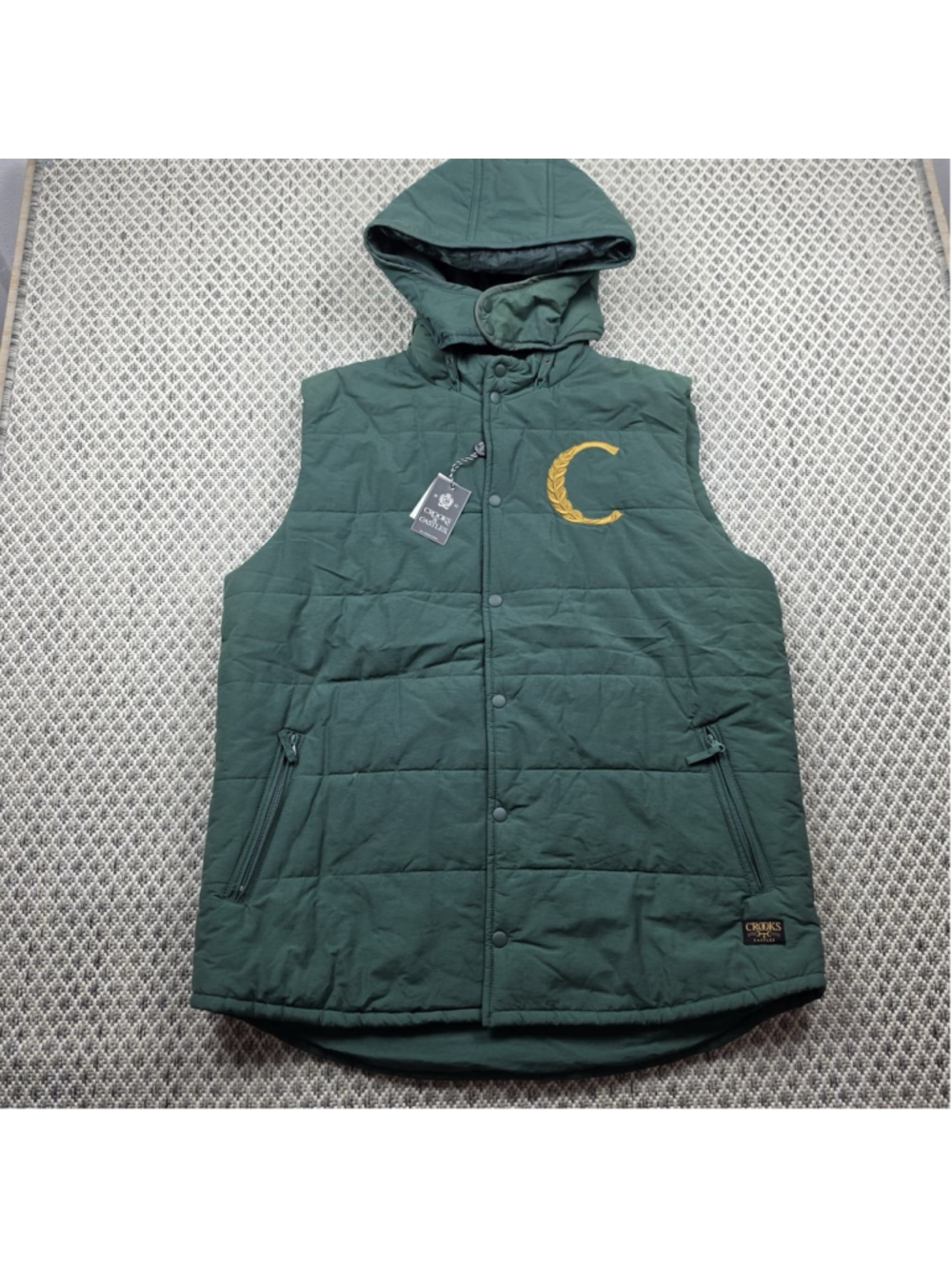 NWT Crooks & Castles Y2K Quilted Hooded Puffer Vest Green XL Streetwear - Picture 2 of 15